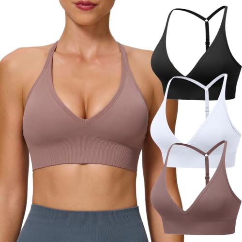 Women's Sports Bras Deep V Neck Adjustable Y Back Spaghetti Strap Racerback Padded Wireless Yoga Workout Tops - 3 Pack, Medium, Black White Brown