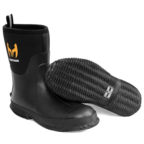 Hunthor Men's Rubber Work Boots with Steel Shank Black - 6mm Neoprene Insulated Waterproof Rain Boots for Hunting Gardening Farming Fishing - Mid Calf