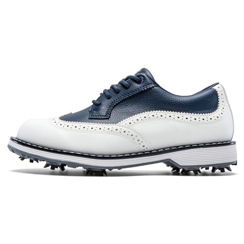Men's Spiked Golf Shoes Water-Resistant Lightweight Sneakers - White & Blue, Size 10