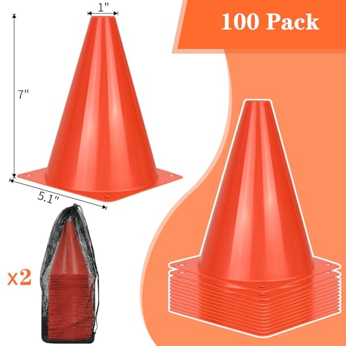 Red 7-Inch Soccer Cones Set of 100 with Carry Bag - Traffic & Training Equipment