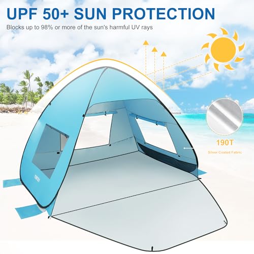 Blue Pop Up Beach Tent with UV Protection for 3-4 People - UPF 50+ Sun Shelter