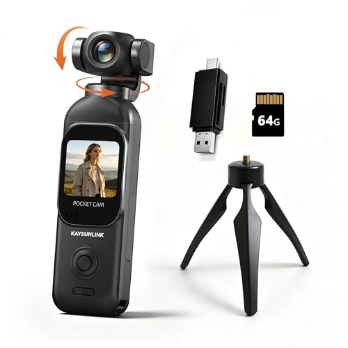 Kaysunlink 1080P Vlogging Camera with 270° Rotatable Lens, Touch Screen & WiFi, 64GB Black - Portable Handheld Camcorder