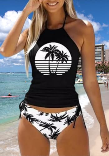 Women's Funny Graphic Drawstring Halter Two Piece Tankini Set Small Black Summer Swimwear
