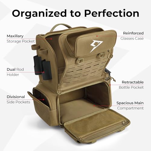Piscifun Khaki Fishing Tackle Backpack 52L with Rod Holders & 4 Boxes