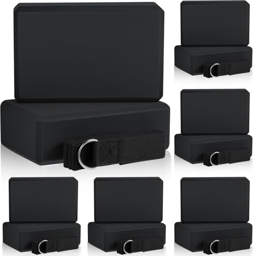 Black Yoga Blocks and Strap Set - 12 EVA Foam Blocks 6 Adjustable 8ft Straps