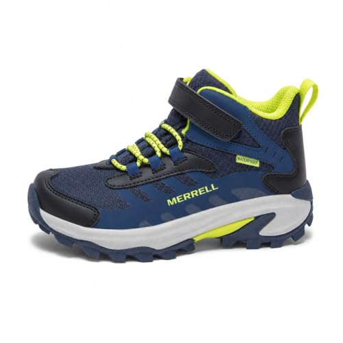 Kids Waterproof Hiking Sneakers - Merrell Moab Speed 2 Mid A/C Navy Hi Viz, Wide 7