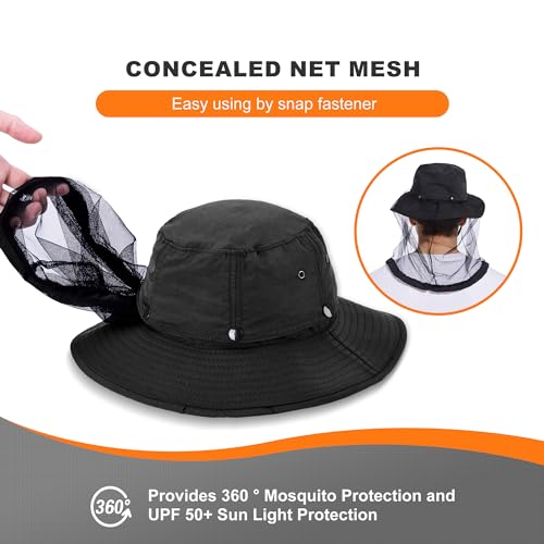 Sun Protection Mosquito Head Net Hat UPF 50+ for Men Women 7 1/2 Black