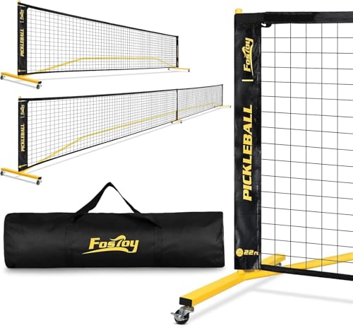 Fostoy Portable Pickleball Net Set with Wheels, 22ft & 11ft Half Court - Black & Yellow 2-in-1