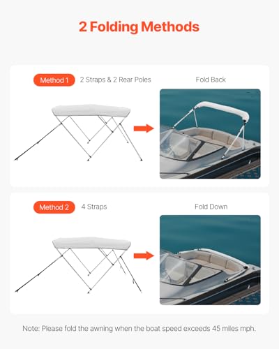 VEVOR 3 Bow Boat Bimini Top 6' x 46" H Sun Shade Canopy with Aluminum Frame, Grey