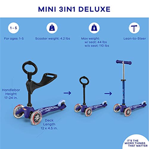 Micro Mini 3-in-1 Deluxe Toddler Scooter Blue - Ride-On & Balance Toy for Ages 1-5
