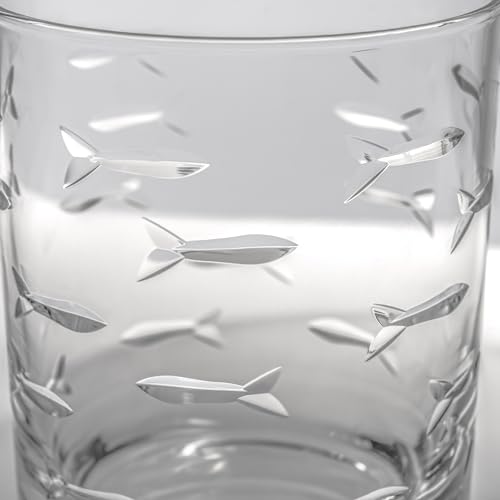 13oz Double Old Fashioned Whiskey Glass Set of 4 - Fish Design, Lead-Free, Engraved, Made in USA
