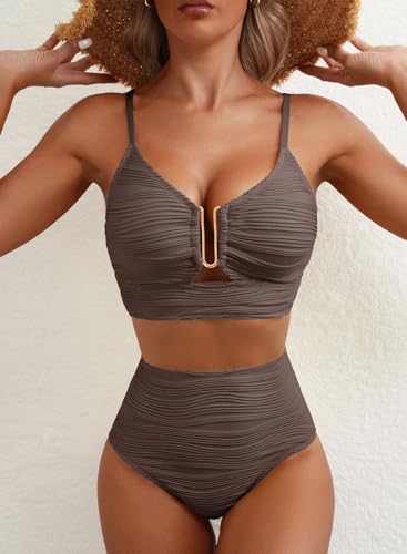 Herseas Women High Waisted U Wired Textured 2-Piece Bikini Set - Medium Deep Brown