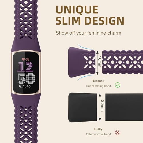 Maledan Floral Lace Silicone Sport Watch Band for Fitbit Charge 5/6 - Green/Purple/Brown, 5.5-8.2 Inch Wrist