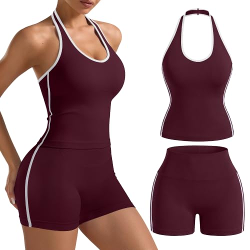 Women’s Workout Sets 2 Piece Halter Crop Top & Scrunch Butt Shorts - Plum Medium