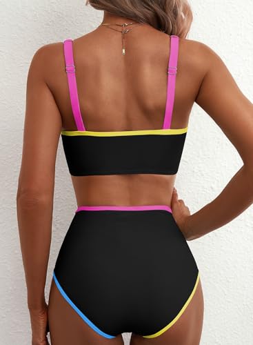 Women's High Waisted Floral Bikini Set with V Neck Stitch - Large Black & Colorful Trim