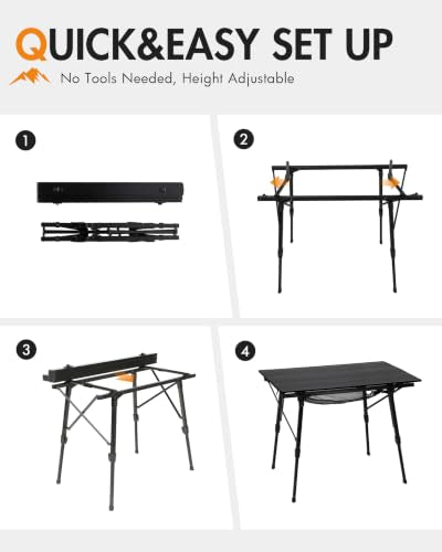Portal Camping Folding Aluminum Table with Mesh Storage - Black, Large 35.4"L x 20.9"W, Adjustable Height