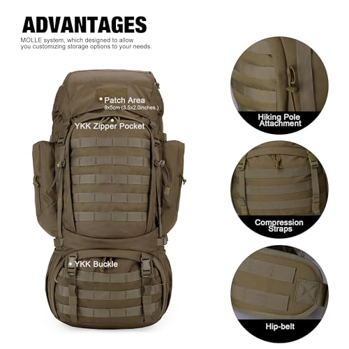 Mardingtop 60L Military Internal Frame Backpack Khaki - Tactical Hiking Pack
