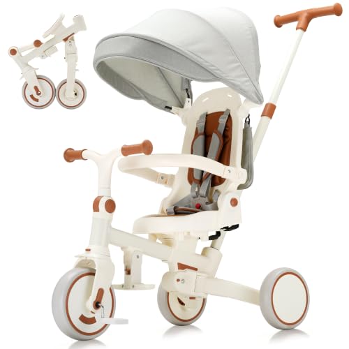 AOPEC 7-in-1 Foldable Toddler Tricycle Beige, Growth-Oriented Kids Bike 18 Months to 5 Years