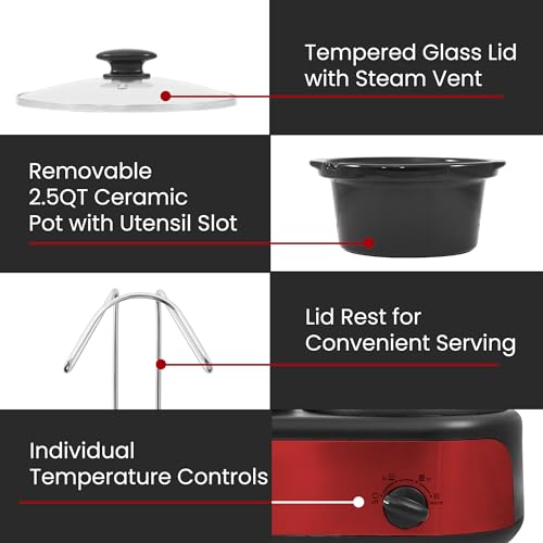 Elite Gourmet Red Triple Slow Cooker Buffet Server, 3 x 2.5 Qt, Multi-Use Kitchen Appliance