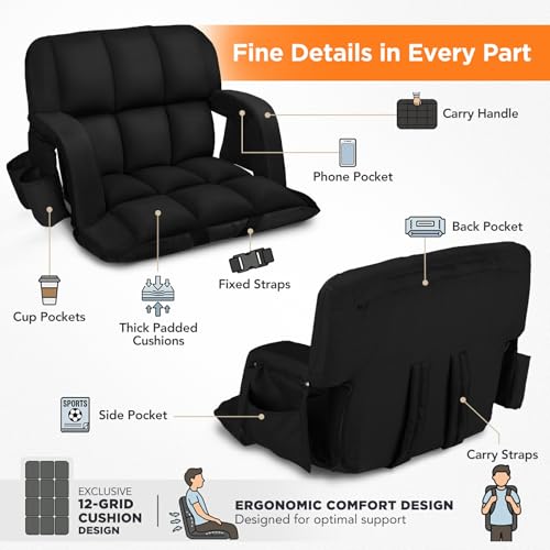 Extra Wide Stadium Seat with Back Support & Reclining Positions - Black 25"