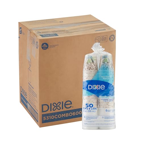 Georgia-Pacific Dixie PerfecTouch 10 oz Disposable Coffee Cups & Lids - White, Pack of 50 (6 Packs)