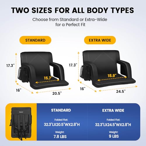Sheenive Reclining Bleacher Seat Cushion with Back Support - Black 2 Pack, 20.5" Wide