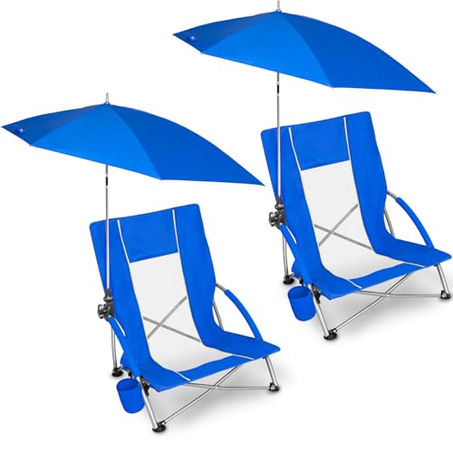 Romswi Blue Beach Chair with Umbrella 2-Pack, Adjustable Parasol & Cup Holder