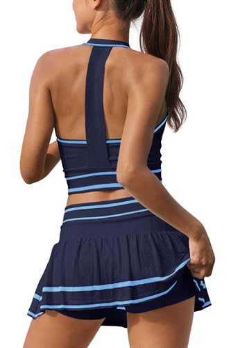 Yanekop Womens Tennis Skirt Set - 2 Piece Workout Golf Outfit Navy Blue Small