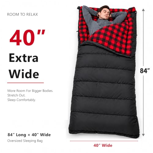 Big & Tall 0 Degree Sleeping Bag for Adults - Black, 84 x 40 Inches, Flannel Lining, Right Zip - PO PO BEAR