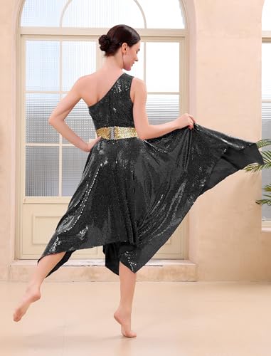 XX-Large Black Shiny Sequin One-Shoulder Dance Overlay Dress for Worship