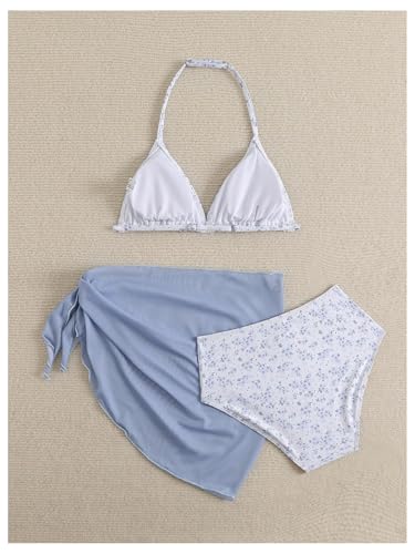 Girls' 3-Piece Swimsuit Set - Halter Triangle Top with Skirts - 12 Years Multicolor