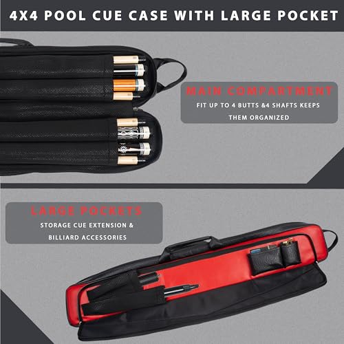 Collapsar Pool Cue Case Holds 4 Butts & Shafts Black with Red Durable Billiard Stick Case