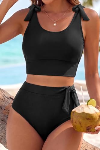 Yonique Medium Black High Waisted Tummy Control Bikini - Two Piece Swimsuit