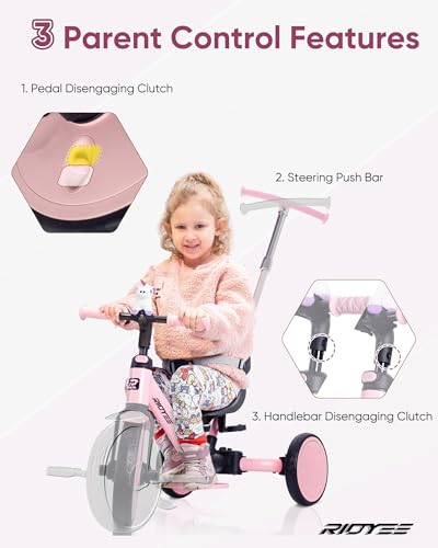 Toddler Tricycle 5-in-1 Kids Ride-On with Parent Steering Pink - Grow with Child