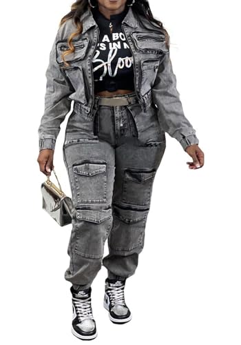 Grey Large Denim 2-Piece Women's Jean Outfit Set Cargo Y2K Streetwear