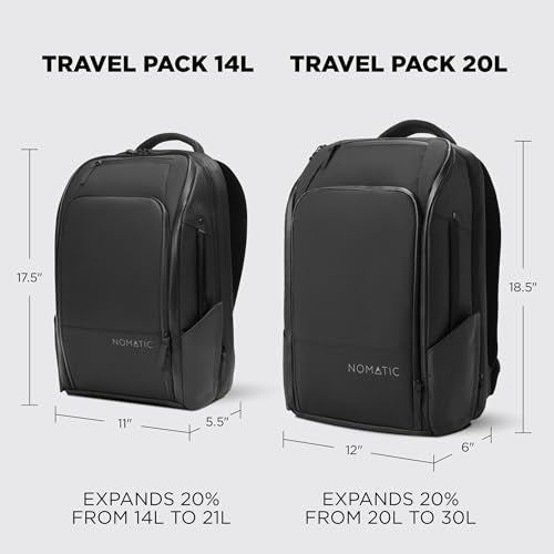 NOMATIC 20L Travel Backpack - Black, Expandable to 30L, Lightweight & Water-Resistant