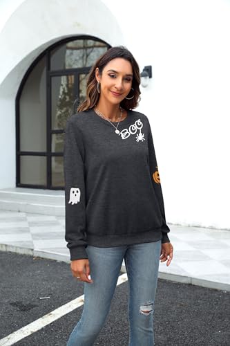 HEBBE Halloween Ghost Sweatshirt Women Spooky Season Pullover Large Dark Grey