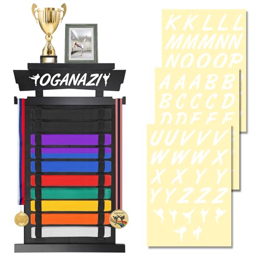 10 Belts Karate Belt Display Rack with Personalized Stickers - Black
