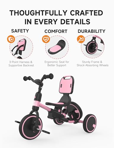 Besrey Pink Toddler Tricycle with Push Handle & 5-in-1 Growth Modes