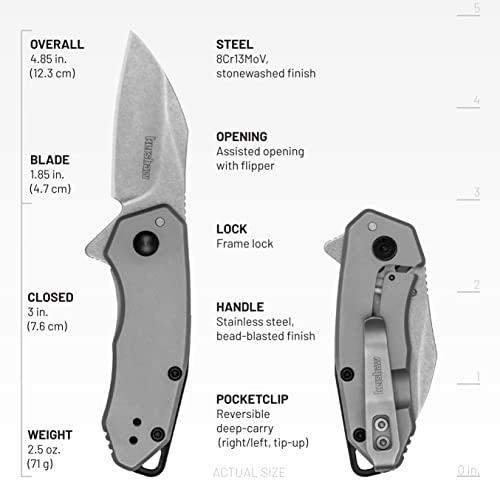 Kershaw Rate Pocket Knife - Gray 1.85 Inch Wharncliffe Blade, EDC Folding Knife