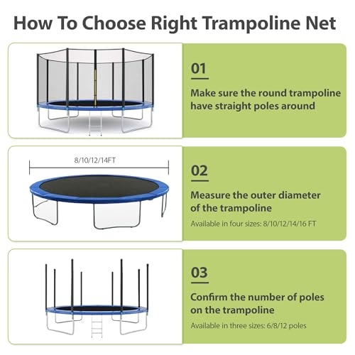 Black 12FT Trampoline Safety Enclosure Net Replacement with Poles