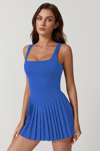 Women's Square Neck Tennis Dress Small Sapphire Pleated Sleeveless Golf Athletic Dress with Pockets