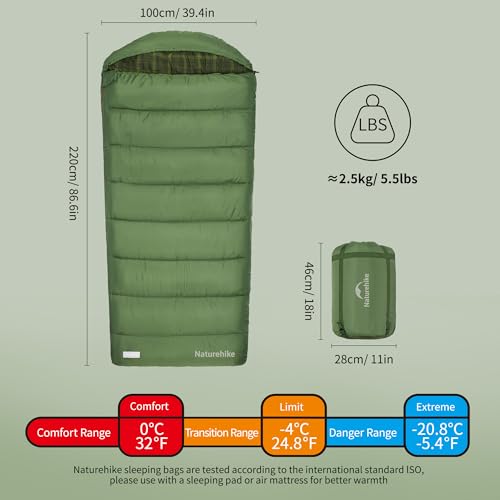 Naturehike Big & Tall Flannel Sleeping Bag - ISO 32°F, Green, Water-Resistant