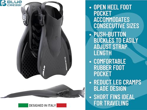 Cressi Star Swim Fins Open-Heel Adjustable Foot Pocket - Black/Black, L/XL