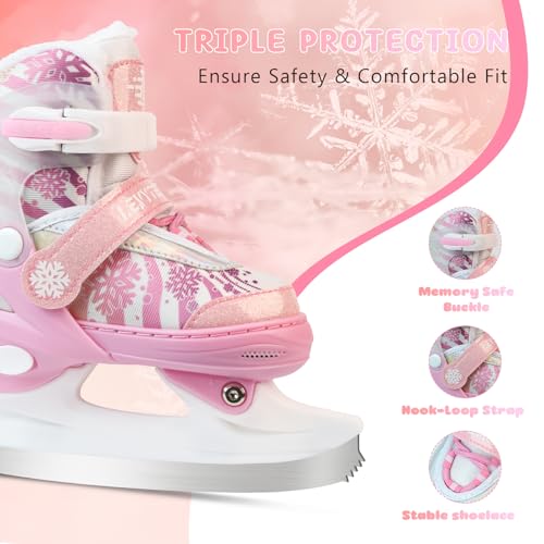 Pink Adjustable Kids Ice Skates with Fleece Lining & Snowflake Pattern - Medium (US 13C-3Y) Big Kids