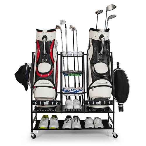 Mythinglogic 2-Bag Golf Organizer with Club, Shoe & Accessories Storage - Versatile Golf Equipment Rack