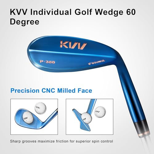 KVV Premium Golf Wedges 52/56/60 Degree Set with Ionized Blue PVD Finish - Right-Handed CNC Milled Face for Men & Women - 60 Degree