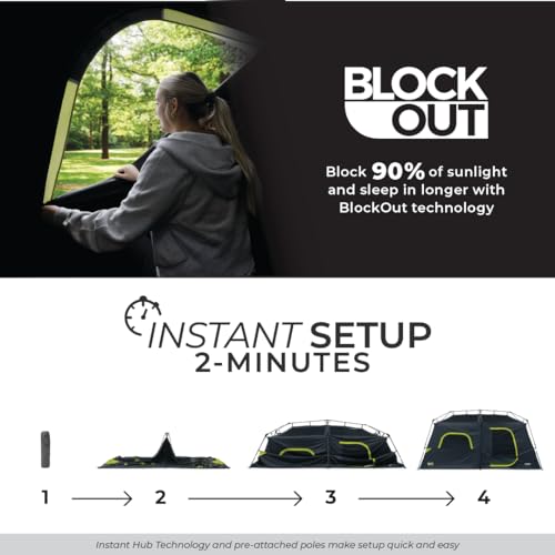 9 Person Blackout Instant Cabin Tent - Large Family Pop Up Dark Room Camping Shelter