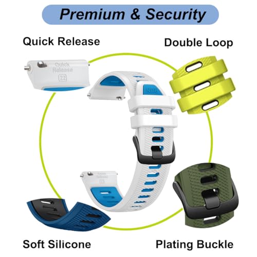 22mm Silicone Watch Band for Garmin Forerunner 265/255, Venu 2/3, Vivoactive 4 - White/Blue