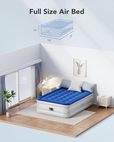 iDOO Full Size Air Mattress with Built-in Pump - Blue, 75x54x16in, Support 650 lbs